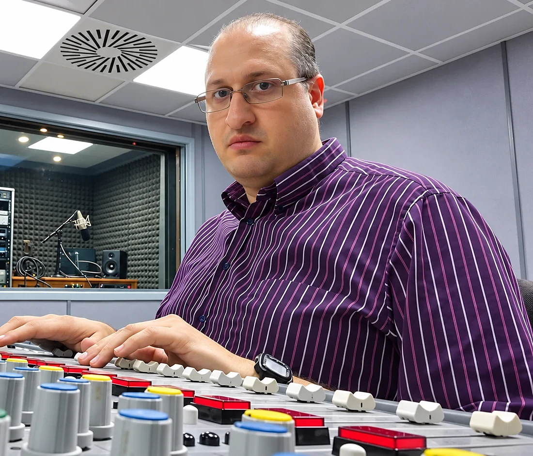 Francisco Bastarrica, técnico realizador de radio de Con Cúrcuma, en la mesa de mezclas del estudio